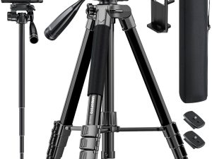 73" Camera Tripod and Monopod, Professional Aluminum Tripod Stand for Mirrorless Camera/DSLR/Cell Phone/Camcorder/GoPro, with Phone Holder and Travel Bag (Black)